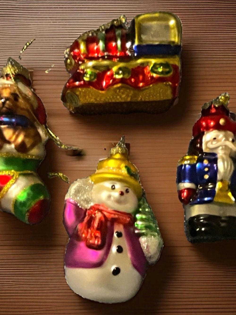 Set of 4 Blown Glass Hanging Christmas Ornaments Snowman Santa Train Bear